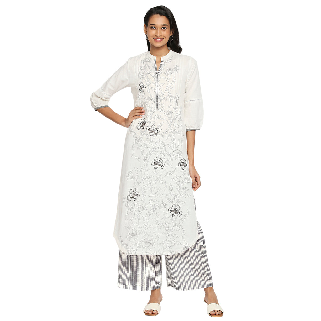 Women's White Cotton Linen Embroidered Kurta