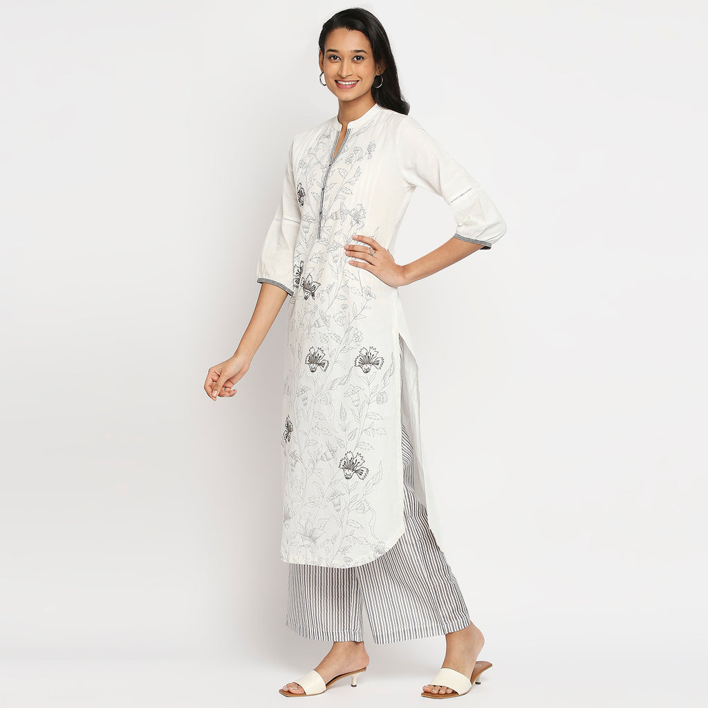Women's White Cotton Linen Embroidered Kurta