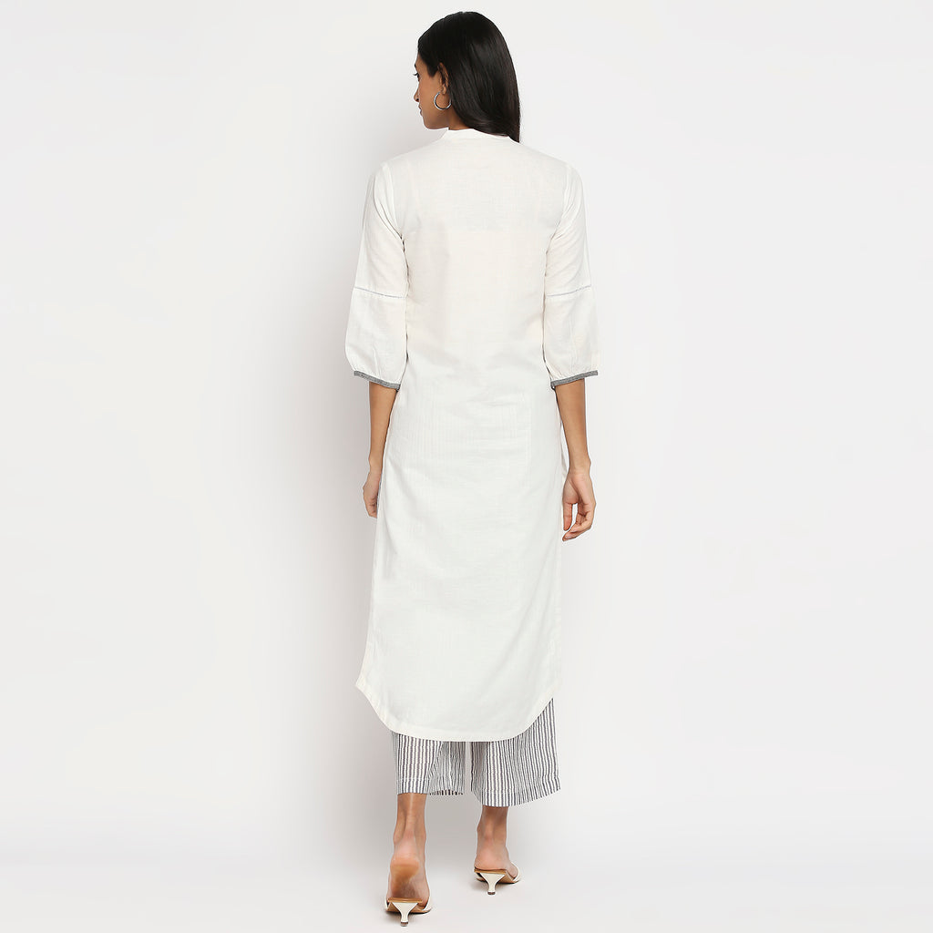 Women's White Cotton Linen Embroidered Kurta