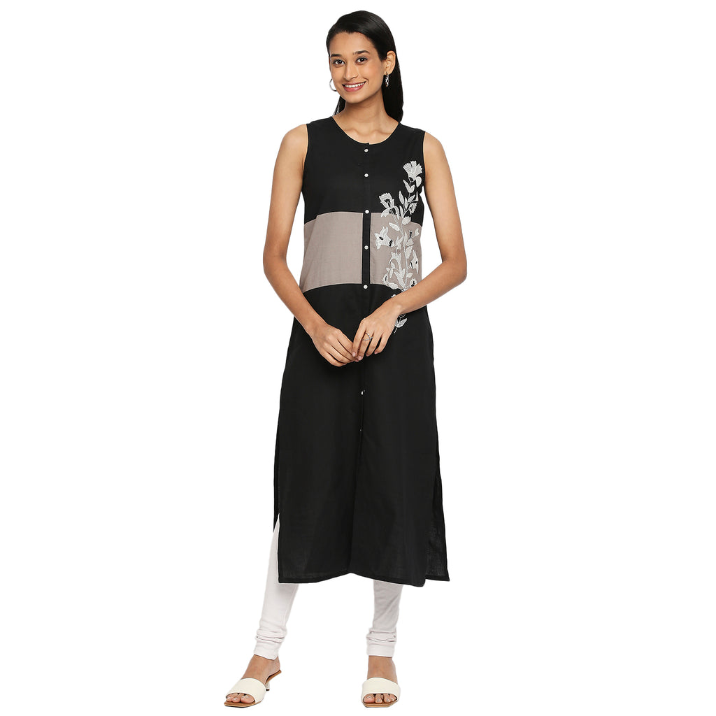 Women's Black Cotton Linen Embroidered Kurta