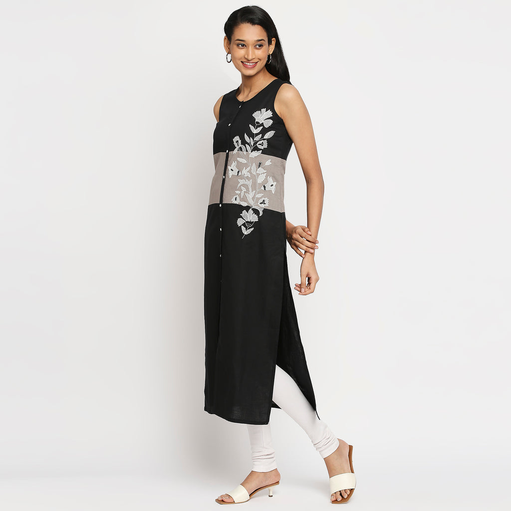 Women's Black Cotton Linen Embroidered Kurta