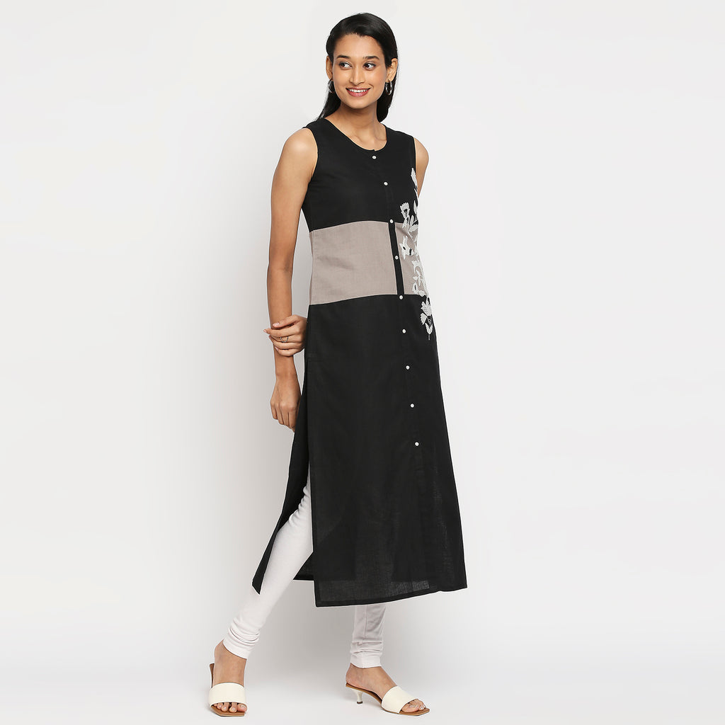 Women's Black Cotton Linen Embroidered Kurta
