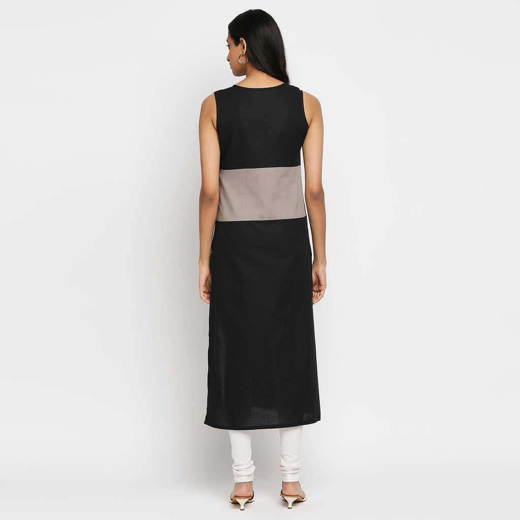 Women's Black Cotton Linen Embroidered Kurta