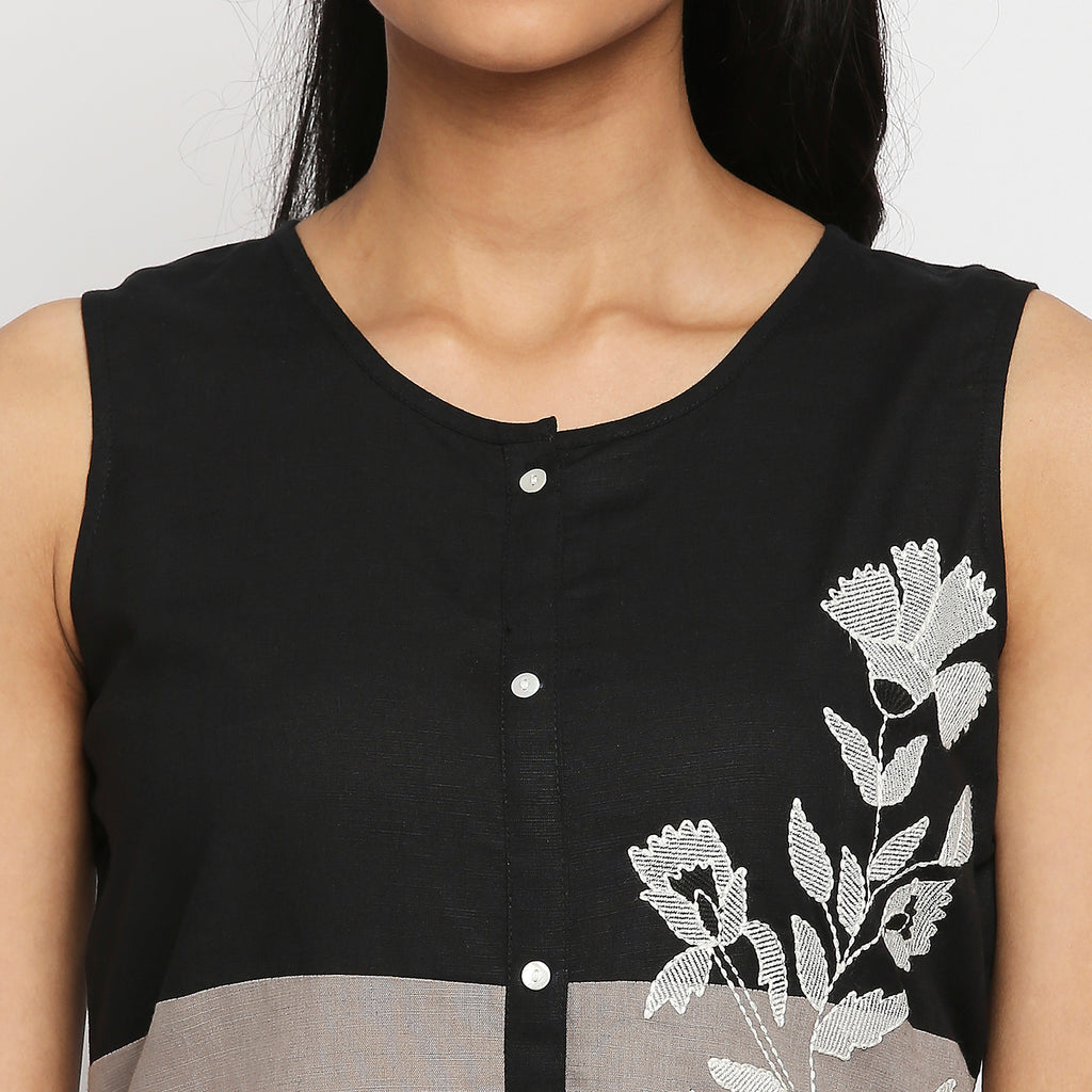 Women's Black Cotton Linen Embroidered Kurta