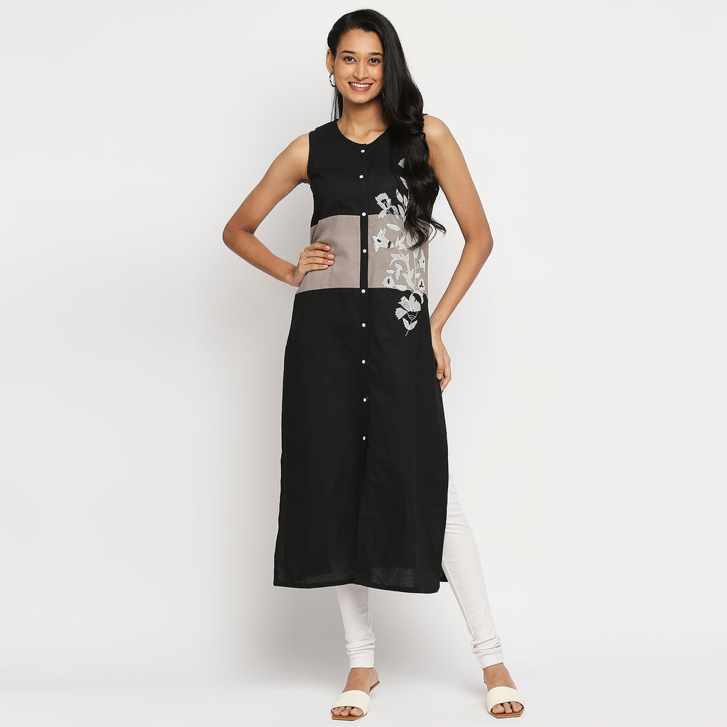 Women's Black Cotton Linen Embroidered Kurta