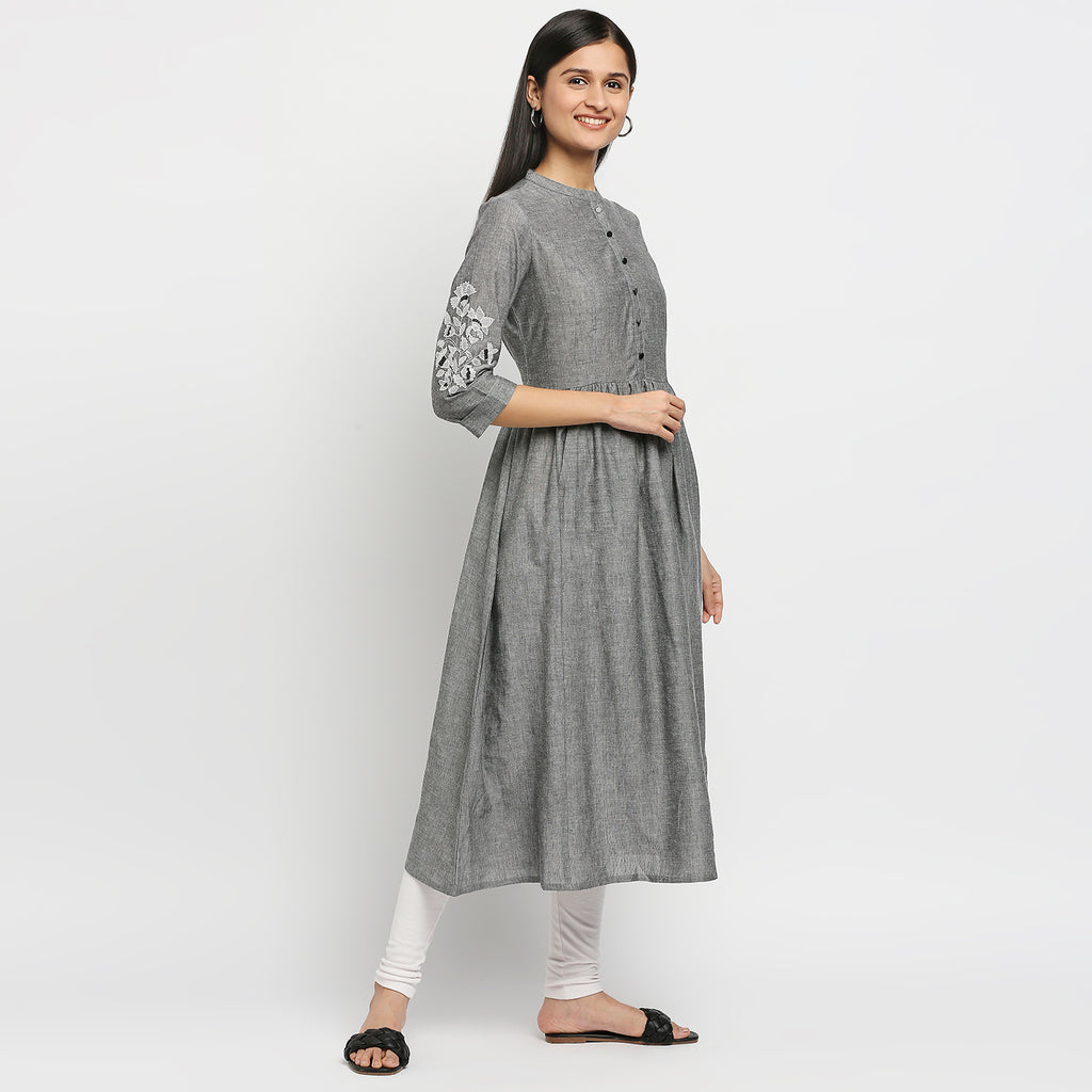 Women's Charcoal Cotton Linen Embroidered Top