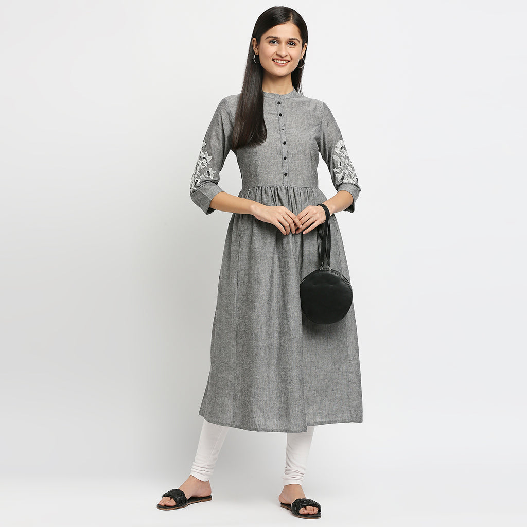 Women's Charcoal Cotton Linen Embroidered Top
