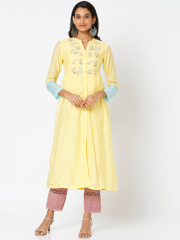 Women's Yellow Modal Chanderi Embroidered Kurta