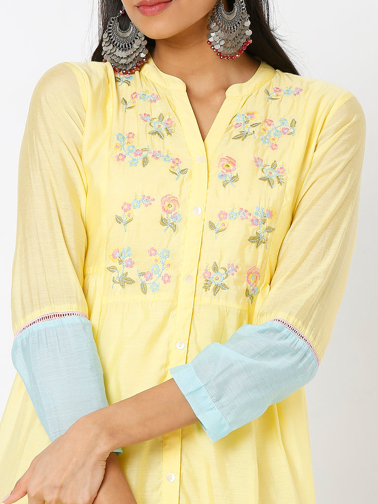 Women's Yellow Modal Chanderi Embroidered Kurta