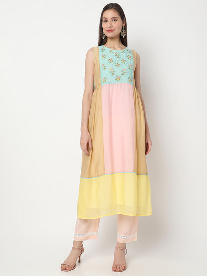 Nylangan Women's Multicolour Modal Chanderi Embroidered Kurta