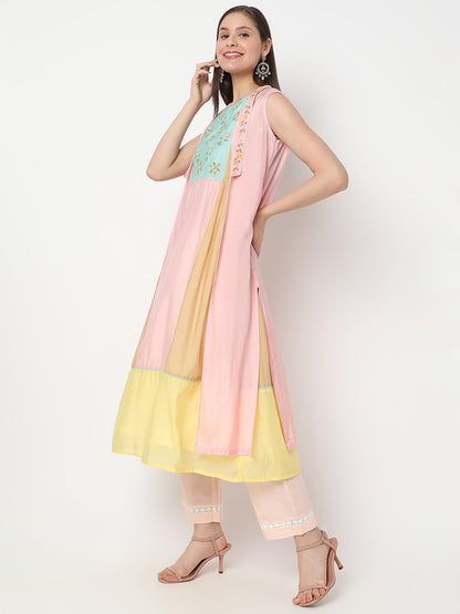 Nylangan Women's Multicolour Modal Chanderi Embroidered Kurta
