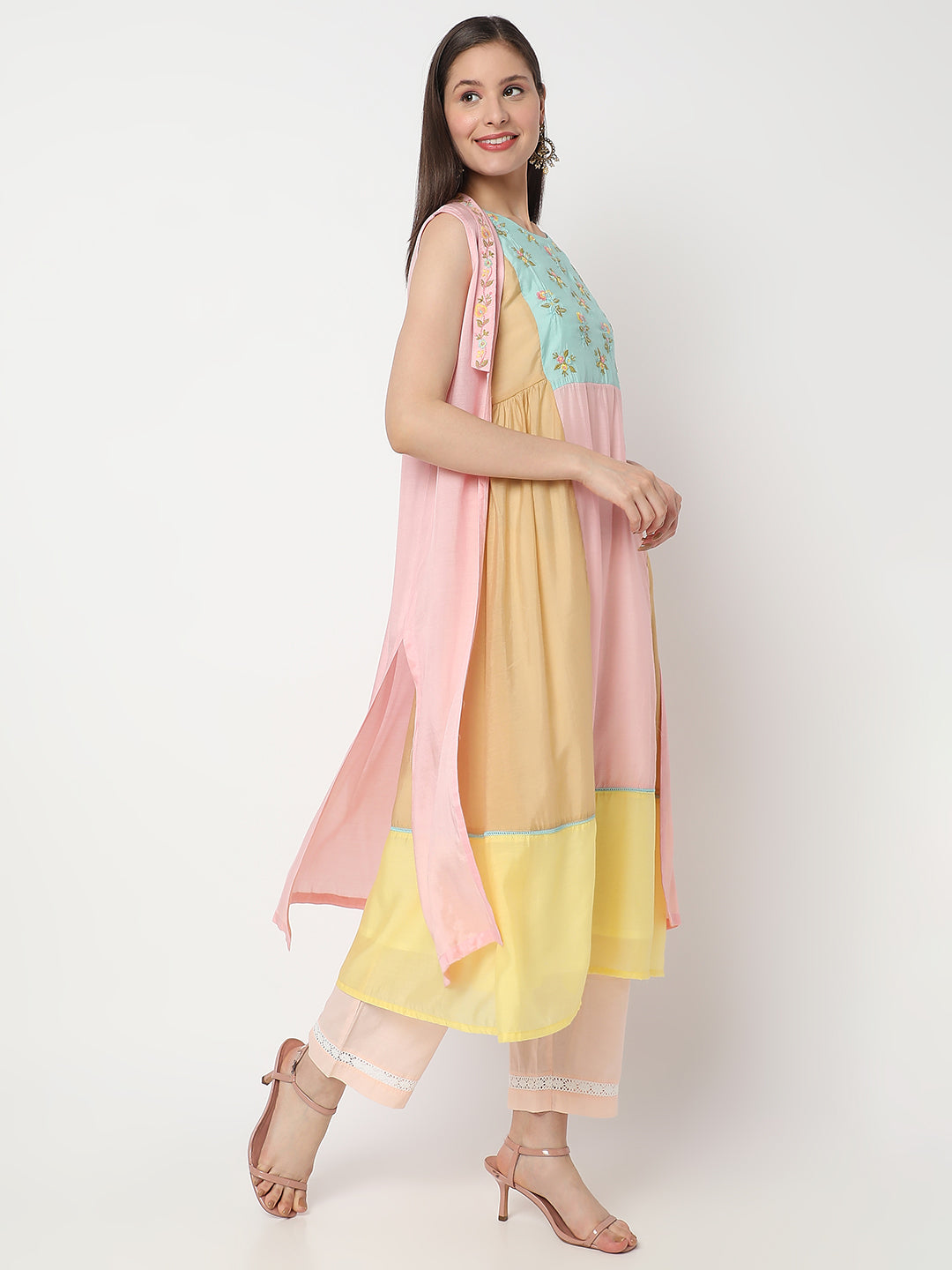 Nylangan Women's Multicolour Modal Chanderi Embroidered Kurta