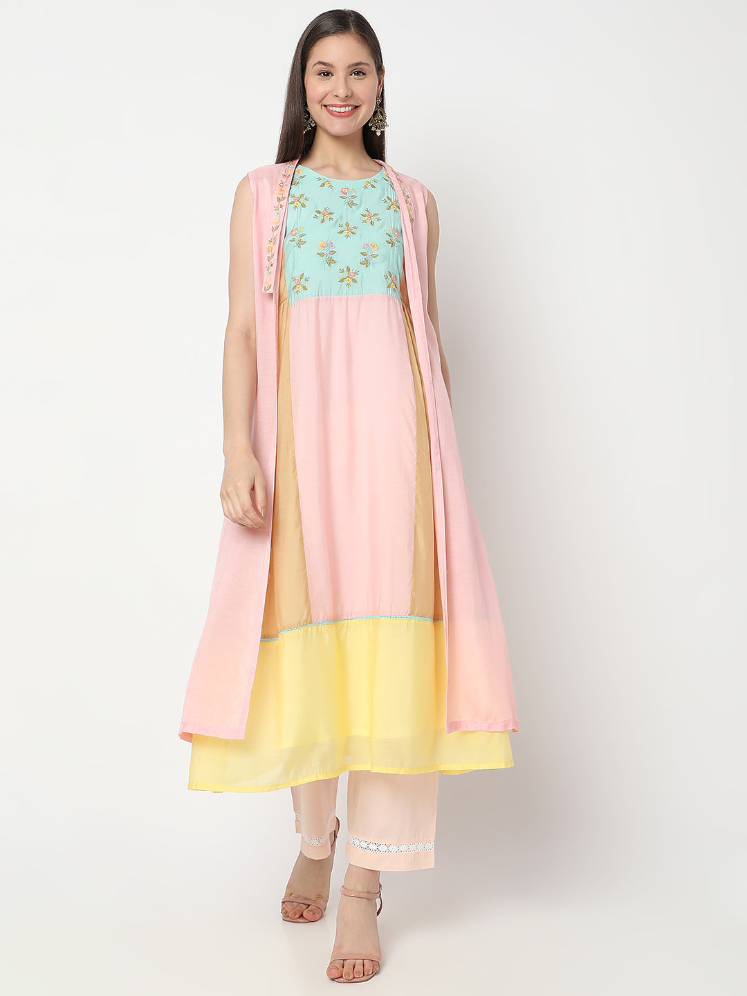 Nylangan Women's Multicolour Modal Chanderi Embroidered Kurta
