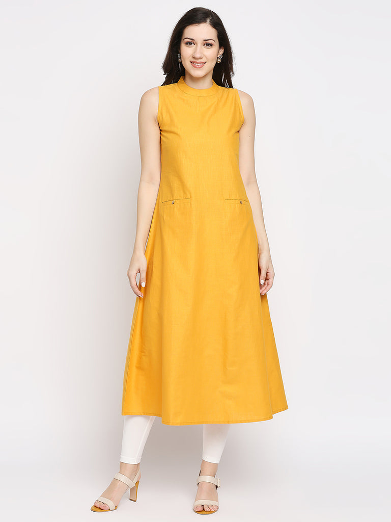 Women's Yellow Cotton Slub Solid Fusion Topwear