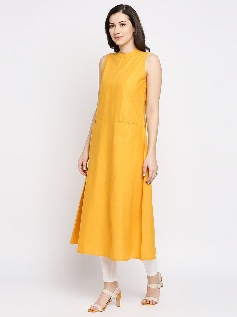 Women's Yellow Cotton Slub Solid Fusion Topwear