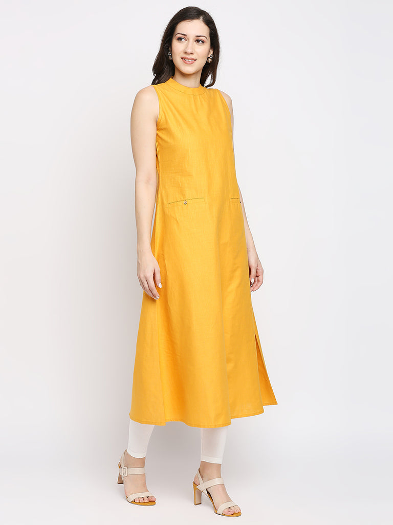 Women's Yellow Cotton Slub Solid Fusion Topwear