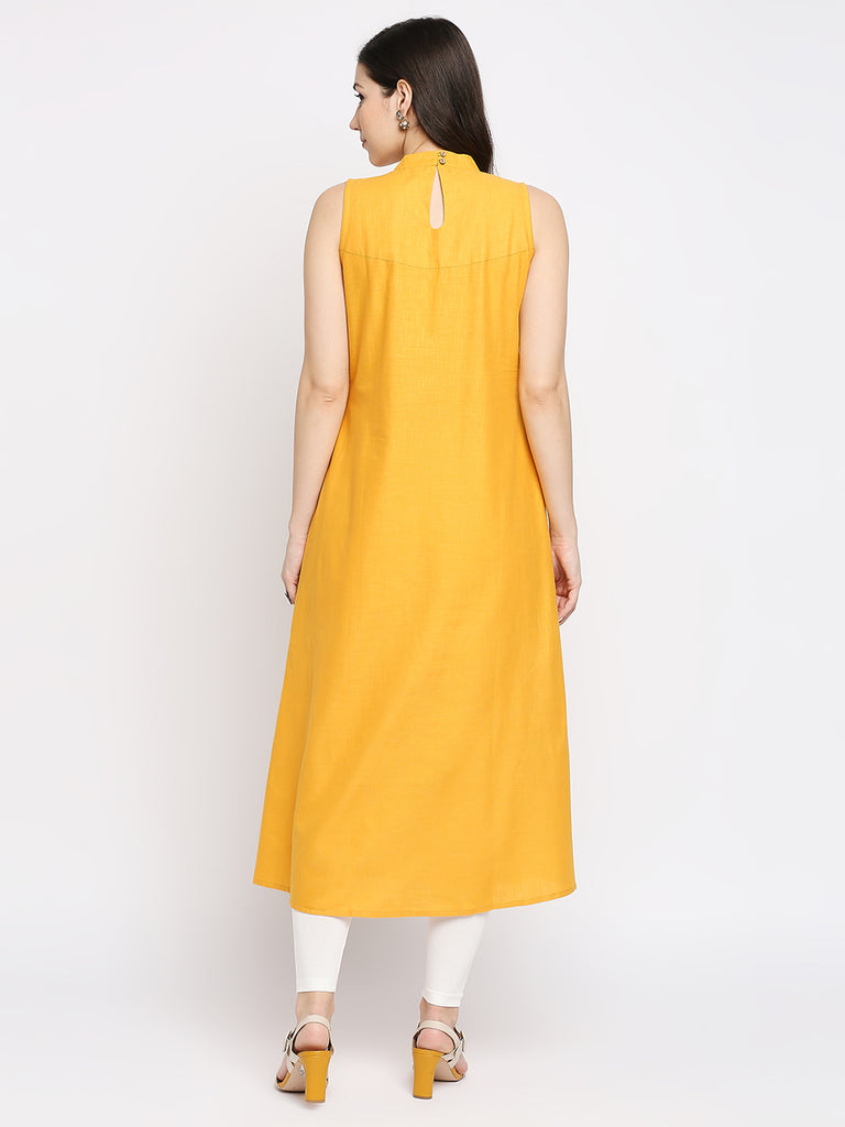 Women's Yellow Cotton Slub Solid Fusion Topwear