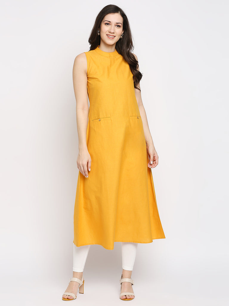 Women's Yellow Cotton Slub Solid Fusion Topwear