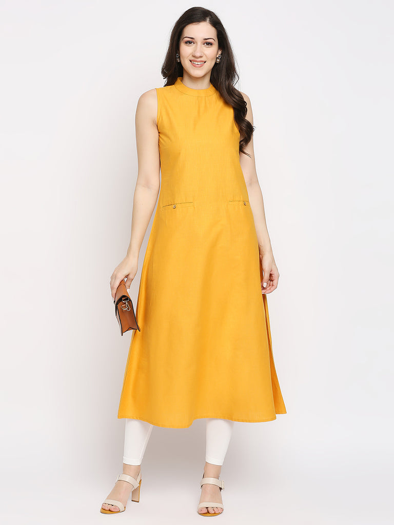 Women's Yellow Cotton Slub Solid Fusion Topwear