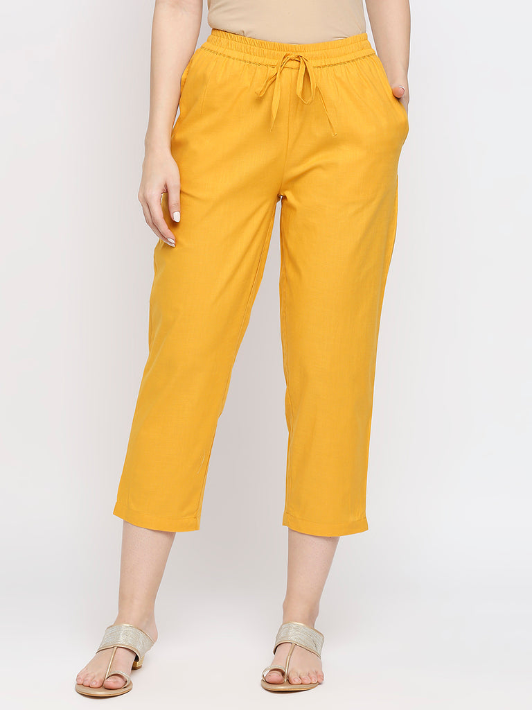 Women's Yellow Cotton Slub Solid Palazzo