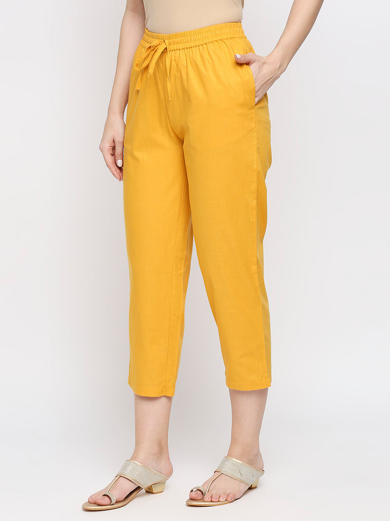 Women's Yellow Cotton Slub Solid Palazzo