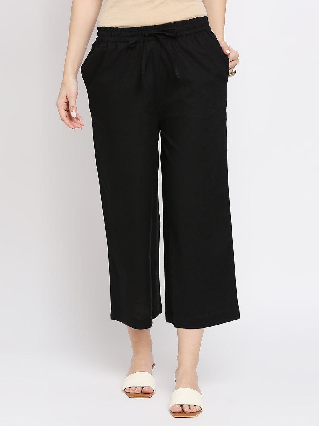 Women's Black Cotton Slub Solid Palazzo
