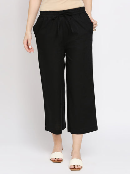 Women's Black Cotton Slub Solid Palazzo