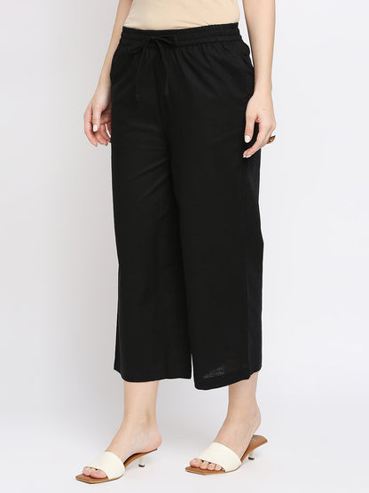 Women's Black Cotton Slub Solid Palazzo