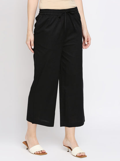 Women's Black Cotton Slub Solid Palazzo