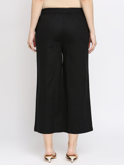 Women's Black Cotton Slub Solid Palazzo