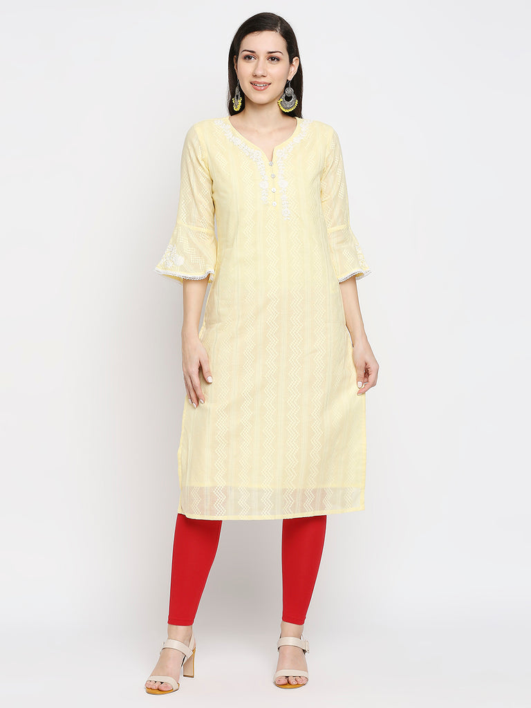 Women's Yellow Cotton Embroidered Nylangan Topwear