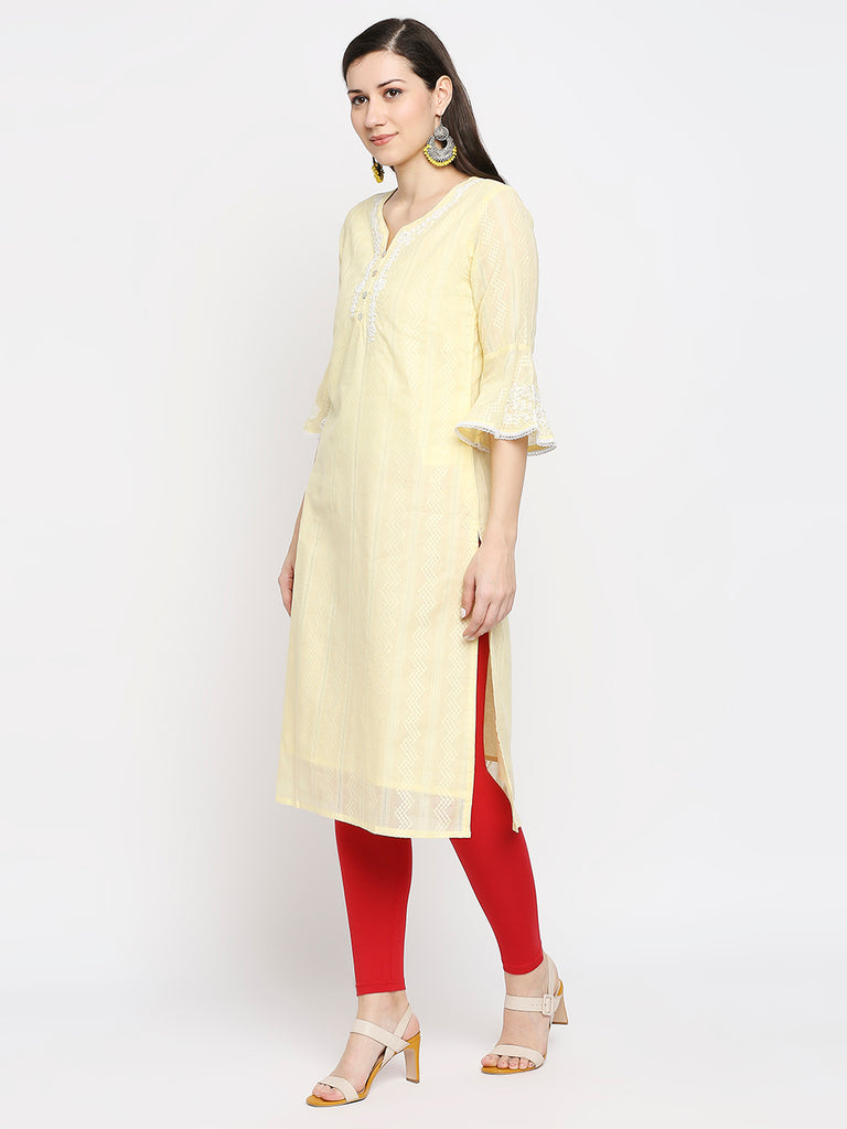 Women's Yellow Cotton Embroidered Nylangan Topwear