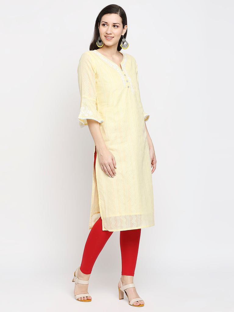 Women's Yellow Cotton Embroidered Nylangan Topwear