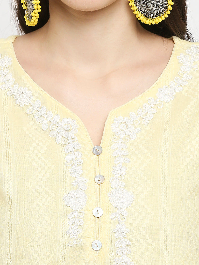 Women's Yellow Cotton Embroidered Nylangan Topwear