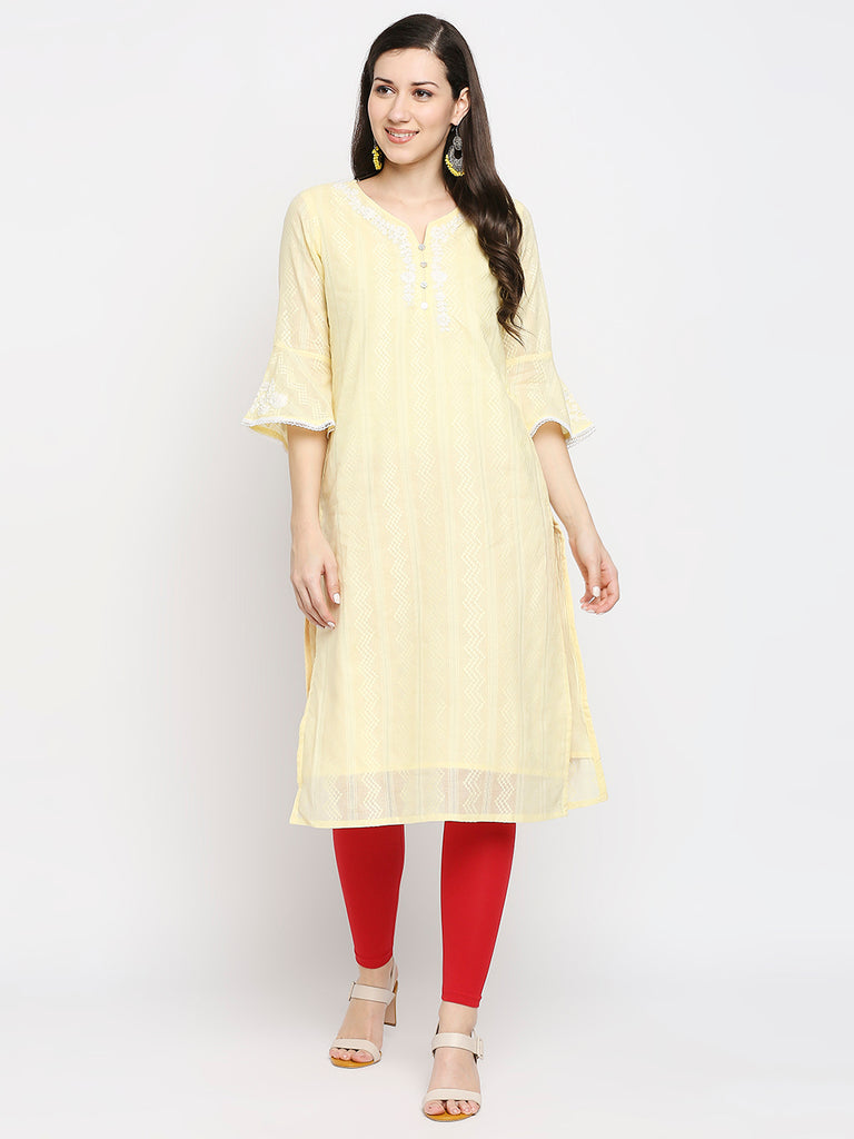 Women's Yellow Cotton Embroidered Nylangan Topwear