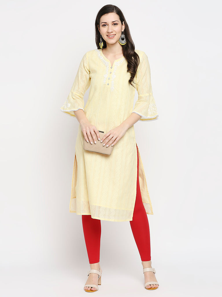 Women's Yellow Cotton Embroidered Nylangan Topwear