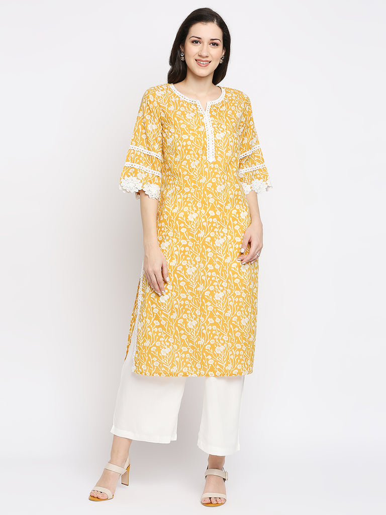 Women's Mustard Cotton Printed Kurta