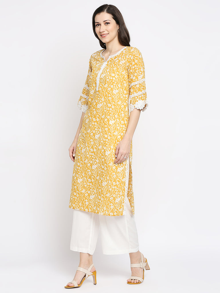 Women's Mustard Cotton Printed Kurta