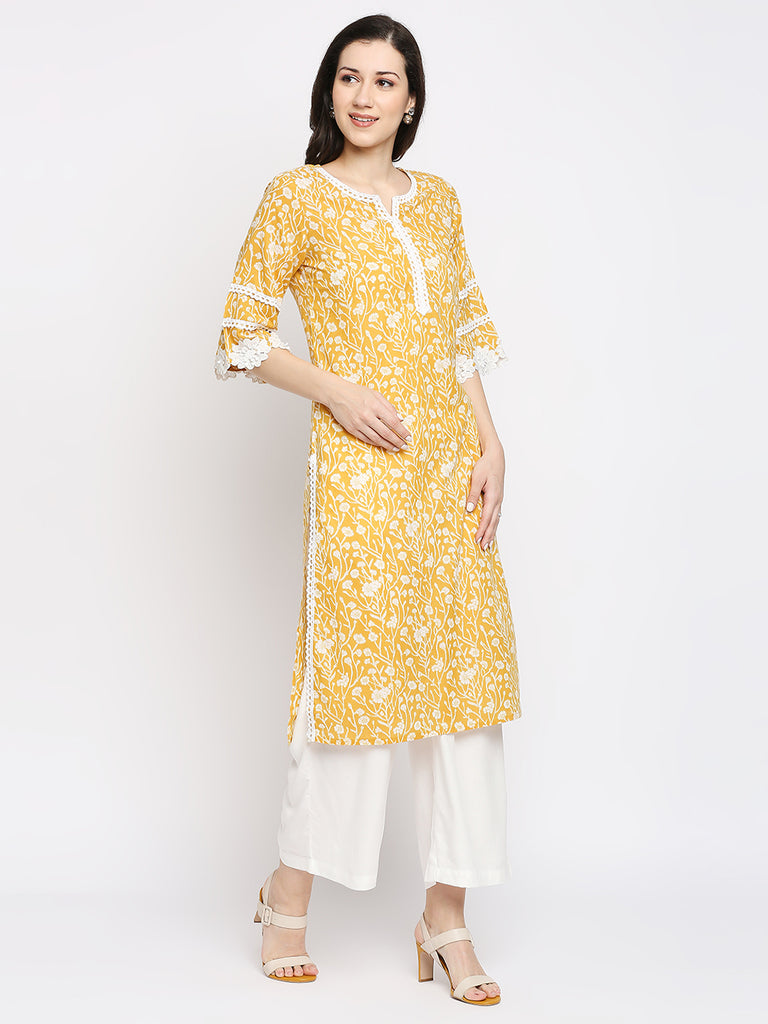 Women's Mustard Cotton Printed Kurta