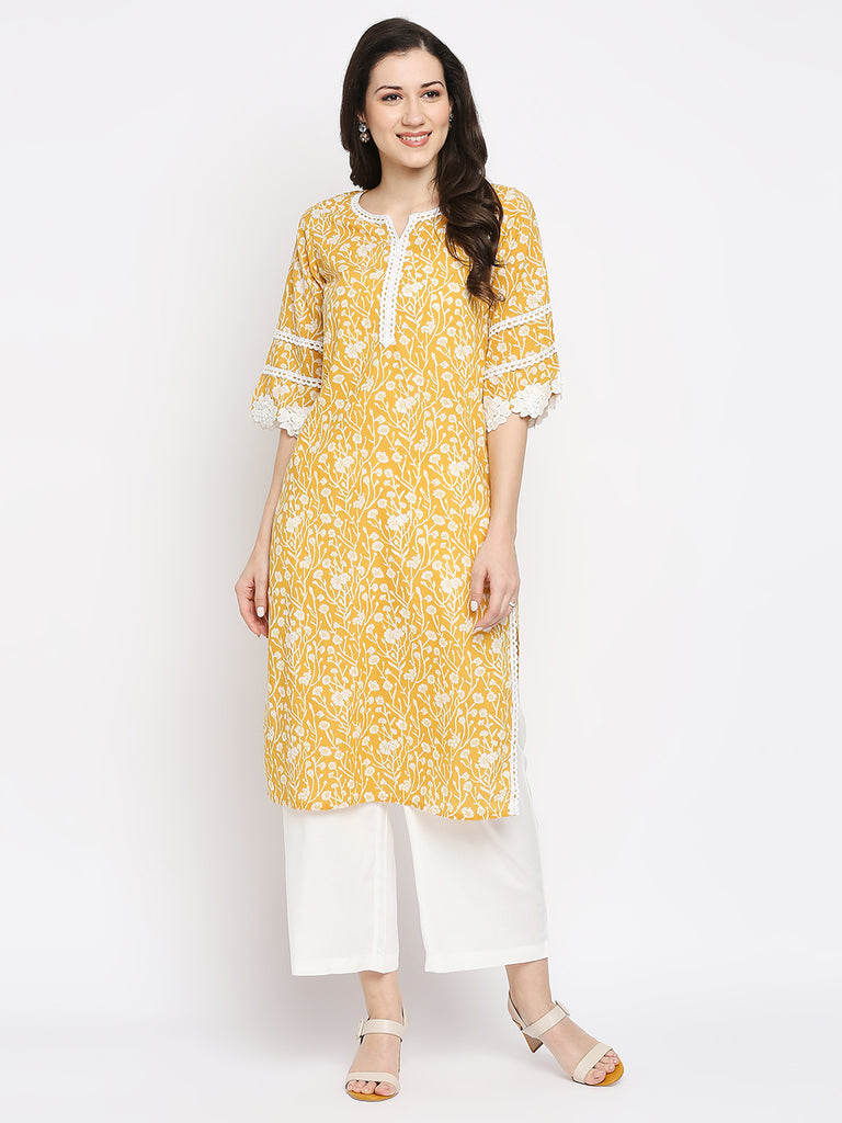 Women's Mustard Cotton Printed Kurta