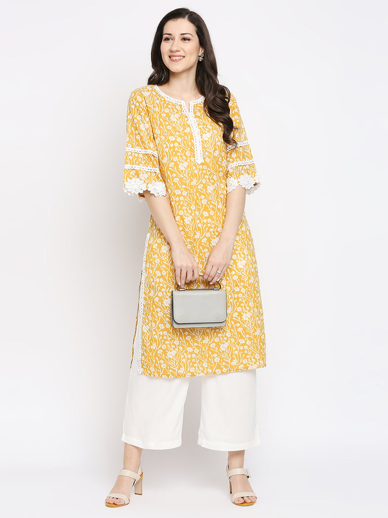 Women's Mustard Cotton Printed Kurta