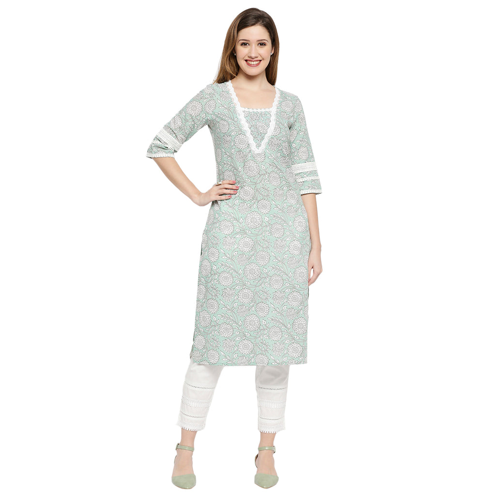 Women's Green Cotton Printed Kurta