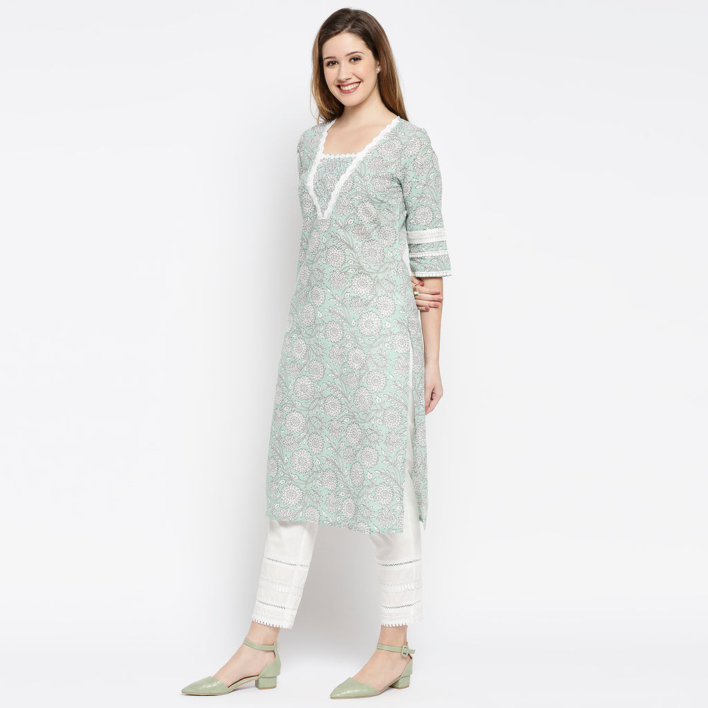 Women's Green Cotton Printed Kurta