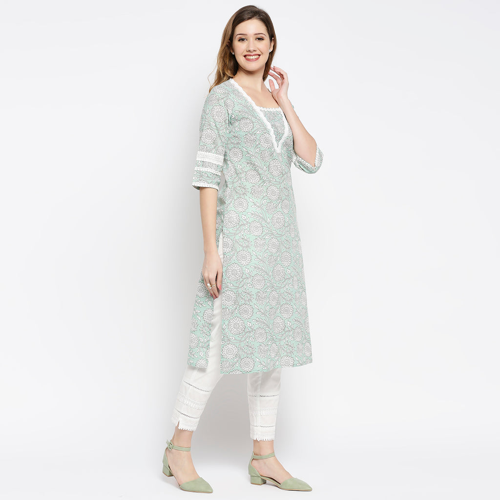Women's Green Cotton Printed Kurta
