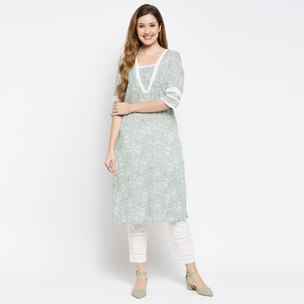 Women's Green Cotton Printed Kurta