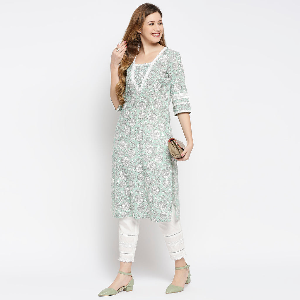 Women's Green Cotton Printed Kurta