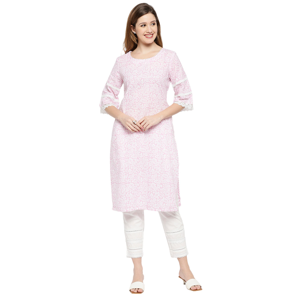 Women's Light Pink Cotton Printed Kurta