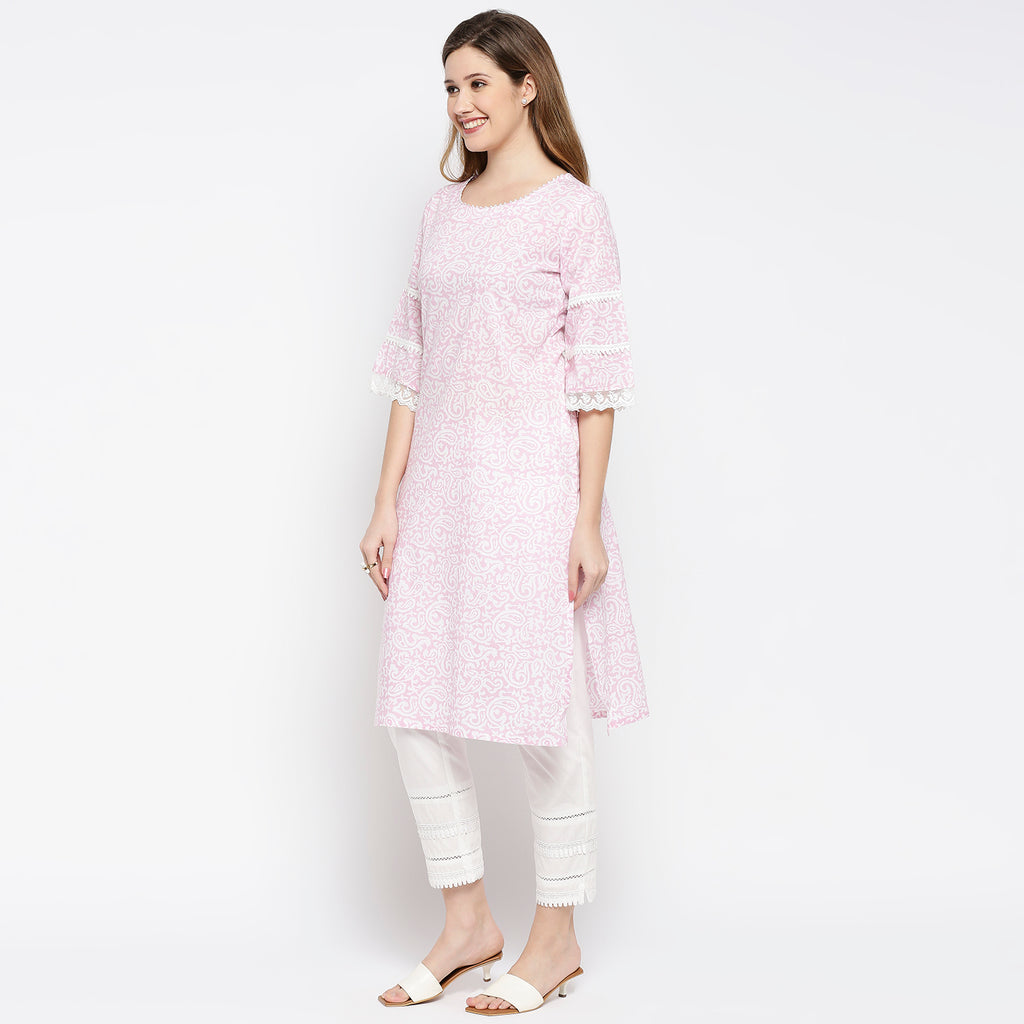 Women's Light Pink Cotton Printed Kurta