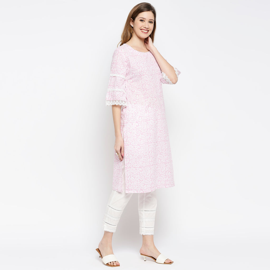 Women's Light Pink Cotton Printed Kurta