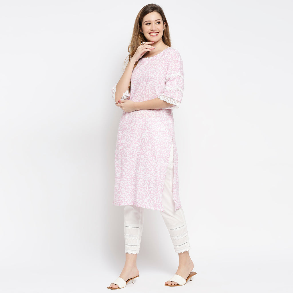 Women's Light Pink Cotton Printed Kurta